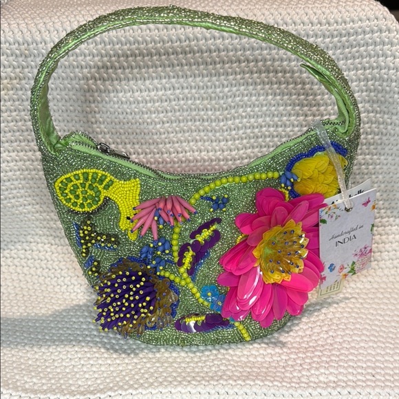 Viral Marshalls Beaded Green and Pink Shoulder Bag with Tropical Patterns - Picture 1 of 11